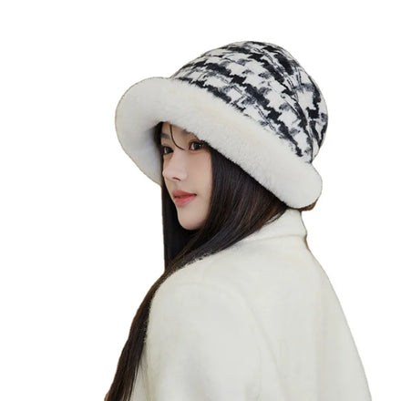 Winter Fluffy Plush Bucket Hat with Artificial Fur Grid Wool Thick Fuzzy Cap for Skiing Cycling Camping Hiking Fishing