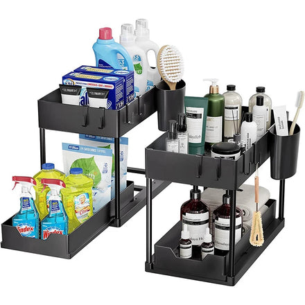 2-layer PP Luxury Drawer Style Cabinet European Standard Black Placed Under Sink Bathroom Kitchen Multifunction Design