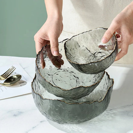 Nordic Luxury Creative Household Smoky Grey Color Irregular Crystal Glass Gold Rimmed Hammer Strip Fruit Salad Tableware Bowl