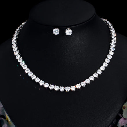 Stunning Big Carat Round Cubic Zircon CZ Tennis Necklace and Earrings Women Luxury Bridal Party Jewelry Set for Wedding Evening