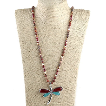 Fashion Bohemian Jewelry 6mm Mix Color Natural Stone Crystal Glass Knotted Necklace Red & Blue Wing Dragonfly Pendant Necklace