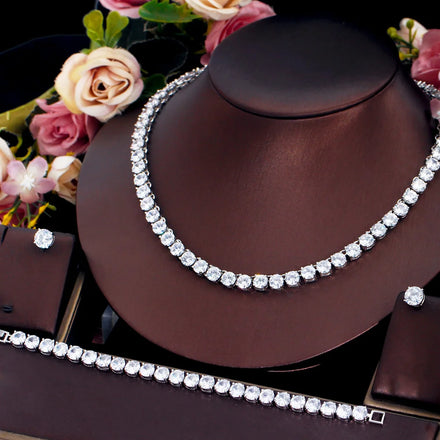 3pcs Sparking White Round Cubic Zirconia Stone Tennis Jewelry Set CZ Necklace Bracelet and Earrings for Women Bridal Accessories