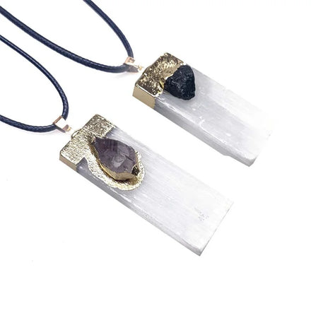 Wholesale Natural Selenite Charging Plate Pendant Amethyst Black Tourmaline Crystal Pendants Necklace for Men and Women