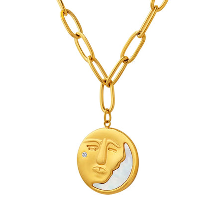 White Seashell Zircon Pendant Necklace Gold Plated Stainless Steel Moon Figure for Wedding Engagement or Gift