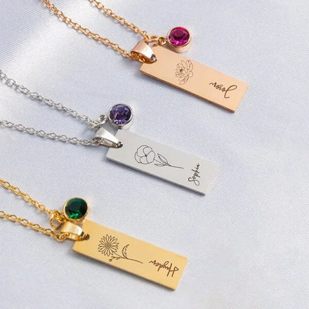 Fashion Engraved Brand Name Plate Necklace Custom Jewelry Personalized Stainless Steel Gem Birthday Flower Necklace for Women