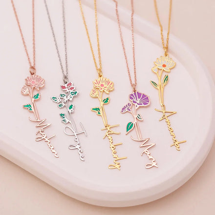 Personalized Enamel Stainless Steel Birthday Flower Necklace Custom Colorful Floral Name Plate Necklace Custom Jewelry