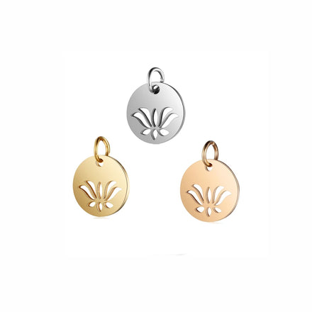 Lotus Flower Design Stainless Steel Jewelry Charm 12mm Silver / Gold / Rose Gold Pendants Charms for Jewelry Making