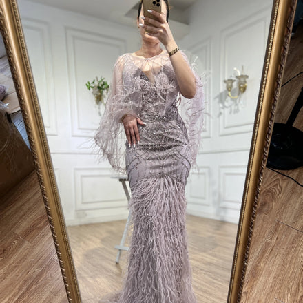 Serene Hill LA71866 Pink V-neck Mermaid Beaded Evening Dress with Cape Formal Wedding Party Gowns for Women