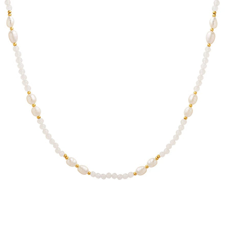 Natural Freshwater Pearl Stone Necklace Stainless Steel with Gold Silver Plating for Wedding Engagement Silver Round Pattern