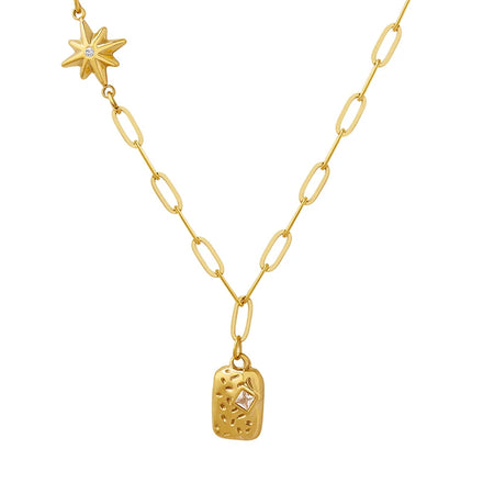 Newest Luxury Stainless Steel Star Pendant Necklace Gold Plated Zircon Square Design Trendy Style for Women's Party Wear