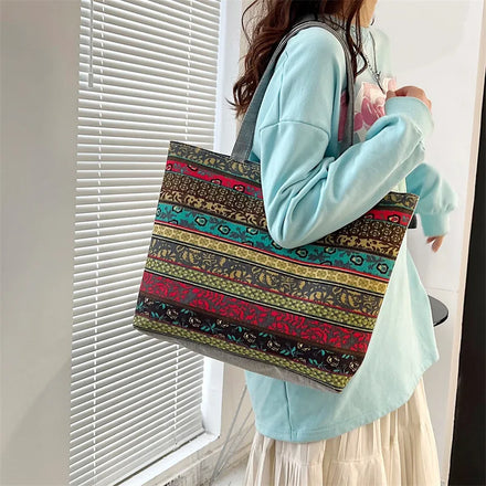 Factory Vintage Women's Bag Printed Handbag Artistic Shoulder Shopping Bag Large Tote Bags for Women Canvas Bulk