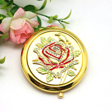 SHINNYGIFTS Round Gold Rose Compact Mirror Rhinestone Double Sided Foldable Makeup Mirror Portable Pocket Cosmetic Mirror Gift