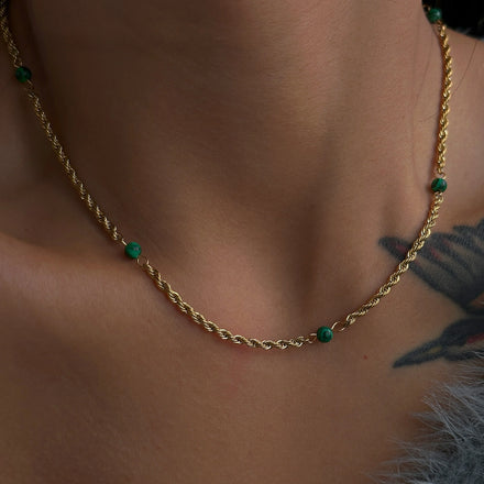2022 Dazan New 18k Gold Plated Tarnish Free Stainless Steel Modern Malachite Dangle Twist Necklace Dance Jewelry for Women