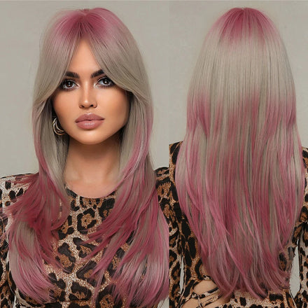 Factory Outlet MOQ 1Ombre Pink Straight Synthetic Wigs with Bangs Long Pink Layered Wig for Women Colorful Heat Resistant Fiber