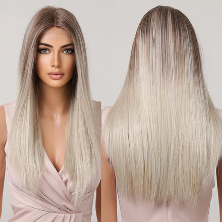 Japan Ombre Brown Blonde Straight Lace Front Wig Long Blonde Synthetic Lace Wigs With Dark Root Natural Hairline Soft Hair