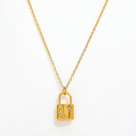 Joolim Jewelry 18K Gold Plated Waterproof Moon Star Zirconia Padlock Pendant Necklace Stainless Steel Jewelry Wholesale