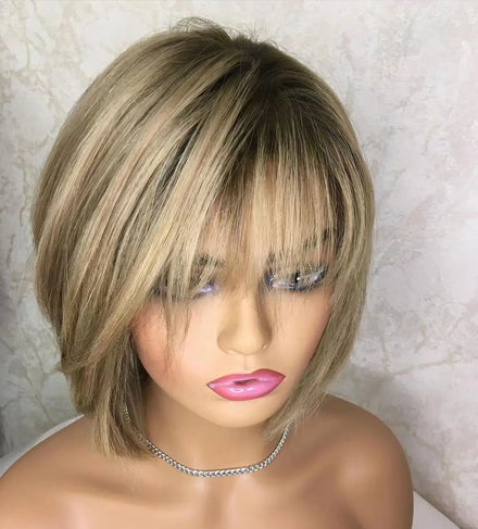 Hot Selling Unprocessed Raw Hair HD Lace Front Human Hair Wigs Highlights Blonde Color Glueless Straight Bob Wigs With Bangs