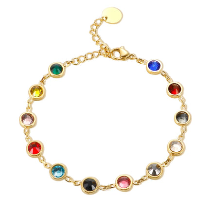 Trendy Stainless Steel Gold Plated 12 Birthstones Rainbow Colorful Crystal Chain Bracelets for Women Jewelry