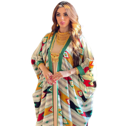 New Coat Caftan Marocain 2 Piece Set Long Sleeves Abaya Islamic Clothing Bat Sleeve Women Ramadan Muslim Dresses 2022