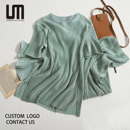 OEM New Women's Summer 2 Piece Set - Solid Color Pleated Short Sleeve Shirt & Loose Pants Outfit Casual Wear