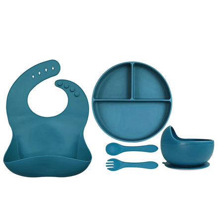 Children Silicone Feeding Set Divided Plate With Suction Bottom BPA Free Cutlery Infant Silicon Babero Print Bib Waterproof
