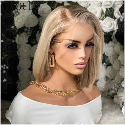 2023 Hot Selling Cuticle Aligned HD Lace Front Human Hair Wigs European Hair Highlights Blonde Color Glueless Straight Bob Wigs