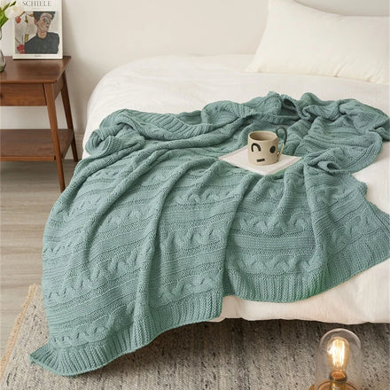 Modern Style Soft Warm Acrylic Knitted Throw Cable Blanket for Sofa Solid Color CY