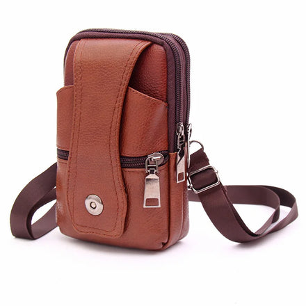 Hot Sale Men's Brown Fanny Pack Large Capacity Leather Waist Bag PU Material Water-Proof Zipper Crossbody Mobile Phone Bag