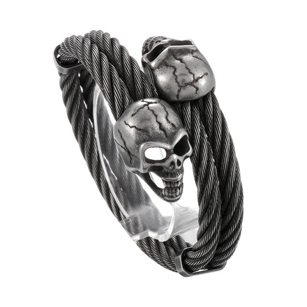 KALEN Mens Punk Stainless Steel Scar Skull Charm Rope Open Bangle Bracelet