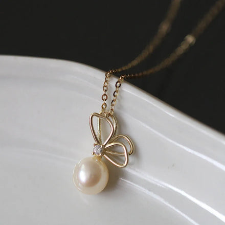 Cute Pretty 14K Gold Plated Pure 925 Sterling Silver Hollow Butterfly Single Pearl Pendant Necklace for Women Girls Jewelry