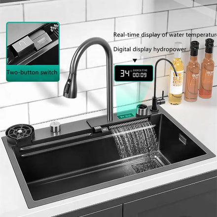 Multifunction Stainless Steel Single Layer Step Slide Rail Design Piano Keys Control Digital Temperature Display Sink Set