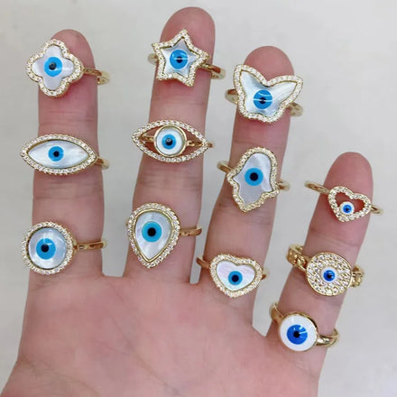 RM1369 18k Gold Mother of Pearl MOP Cubic Zirconia CZ Evil Eyes Ring Greek Jewelry Nazar Anillo Ojo Turco Mal De Ojo Rings