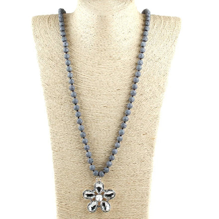 New Style Classic Jewelry 8mm Silver Lava Stone Necklace Alloy Crystal Flower Pendant Necklace