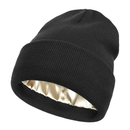 Winter Warm Satin Lined Knitted Hat Silky Lining Slouchy Cuff Beanies Hat