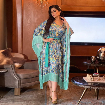 Elegant Soft Fabric Printed Abaya Maxi Dress Wholesale Dubai for Women Flare Sleeve Muslim Dress