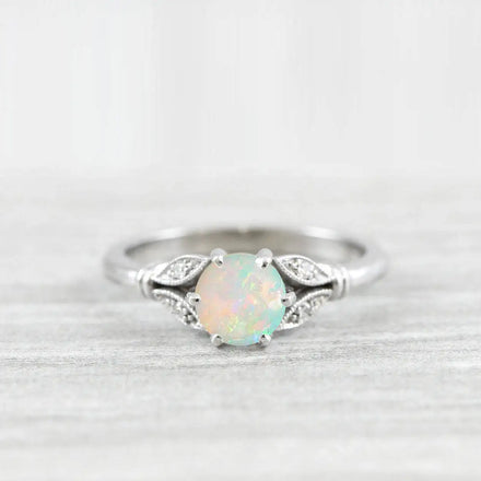 Opal and diamond engagement solitaire nature inspired leaf floral ring in gold handmade for Her