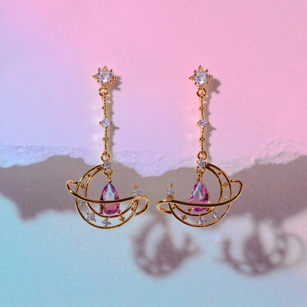 Wholesale Selling Moon Diamonds Gemstone Earrings Long Pink Water Brass Earrings Women Rhinestone Oendant Drop Earrings for Girl