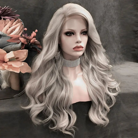 Celebrity Long Style GREY Color Synthetic Hair Wigs Matte Heat Resistant Fiber Same Human Hair Lace Front Wig