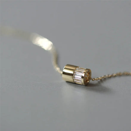 Lucky Wheels 14K Gold Plated Pure 925 Sterling Silver Simple Elegant Zircon Cylindrical Pendant Necklace for Women Jewelry