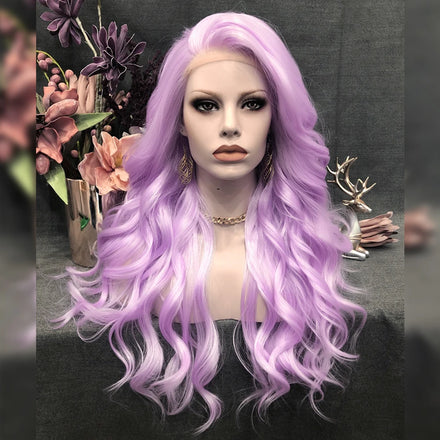 Celebrity Long Style Purple Color Synthetic Hair Wigs Matte Heat Resistant Fiber Same Human Hair Lace Front Wig