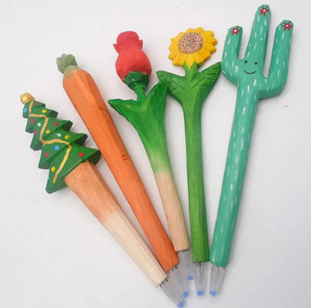 Wood Carved Plant Gel Pen Unique Rose Carrot Cactus Writing Pens Stationary Prize School Office Supply Christmas Birt