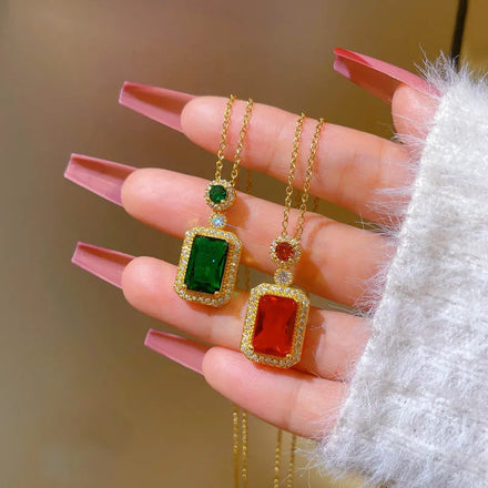 No Fade Stainless Steel Chain Rectangle Emerald Diamond Pendant Necklace Real 18k Gold Plated Square Green Zircon Stone Necklace