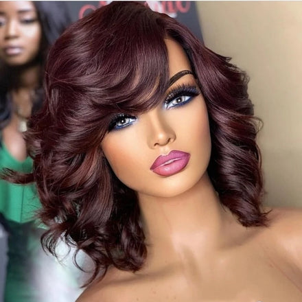 SDD Double Drawn Dark 99J Color Cute Style Remy Young Donor Human Hair hd Lace Frontal Closure Wigs With Bang