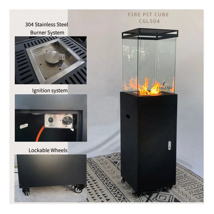 CGL504-3 16.5'' Premium Outdoor Garden Freestanding Gas Fireplace Black Stainless Steel with Wheels