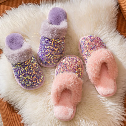 MIO Winter Fashion Plush Cozy Sole Plush Slippers Shiny Sequin Home Slippers Warm Indoor Soft Anti Slip Slippers for Women