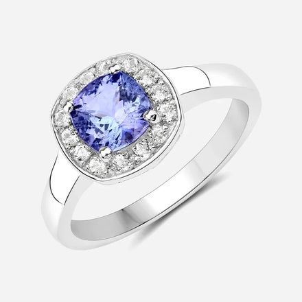 Natural Tanzanite Cushion and White Zircon Halo Ring in Sterling Silver Ring Tanzanite Engagement Rings