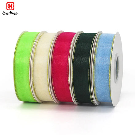 Wholesale Stocked Nylon 25 mm Organza Ribbons Roll With Gold Wire Sides Gift Ribbon for Christmas