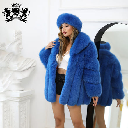 Over Size Shape Leather Strap Wholesale Fur Coat Women With Big Real Fox Fur Collar Blue Fox Fur Coat