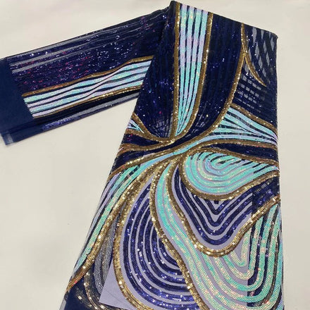Navy Blue Nigerian Wedding Party Embroidery African Aso Ebi Sequin Lace Fabric