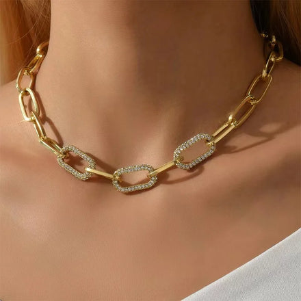 14K Gold Plated Paper Thick Clip Chain Crystal Necklace Jewelry for Women